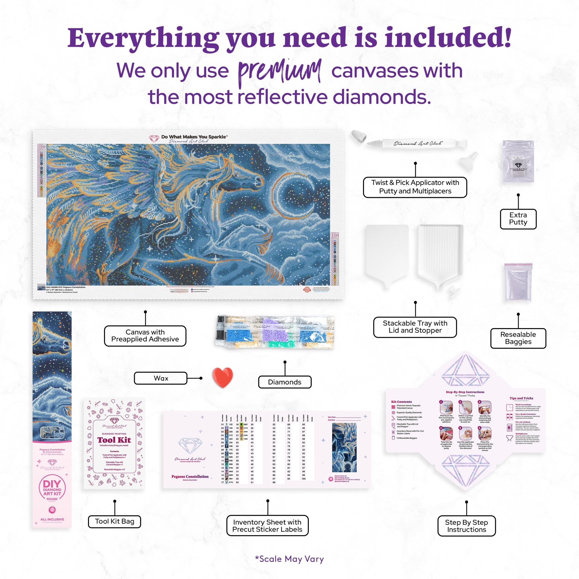 Diamond Painting Pegasus Constellation 34" x 17" (85.7cm x 42.6cm) / Round With 22 Colors Including 1 ABs and 5 Fairy Dust Diamonds and 1 Iridescent Diamonds / 46,512