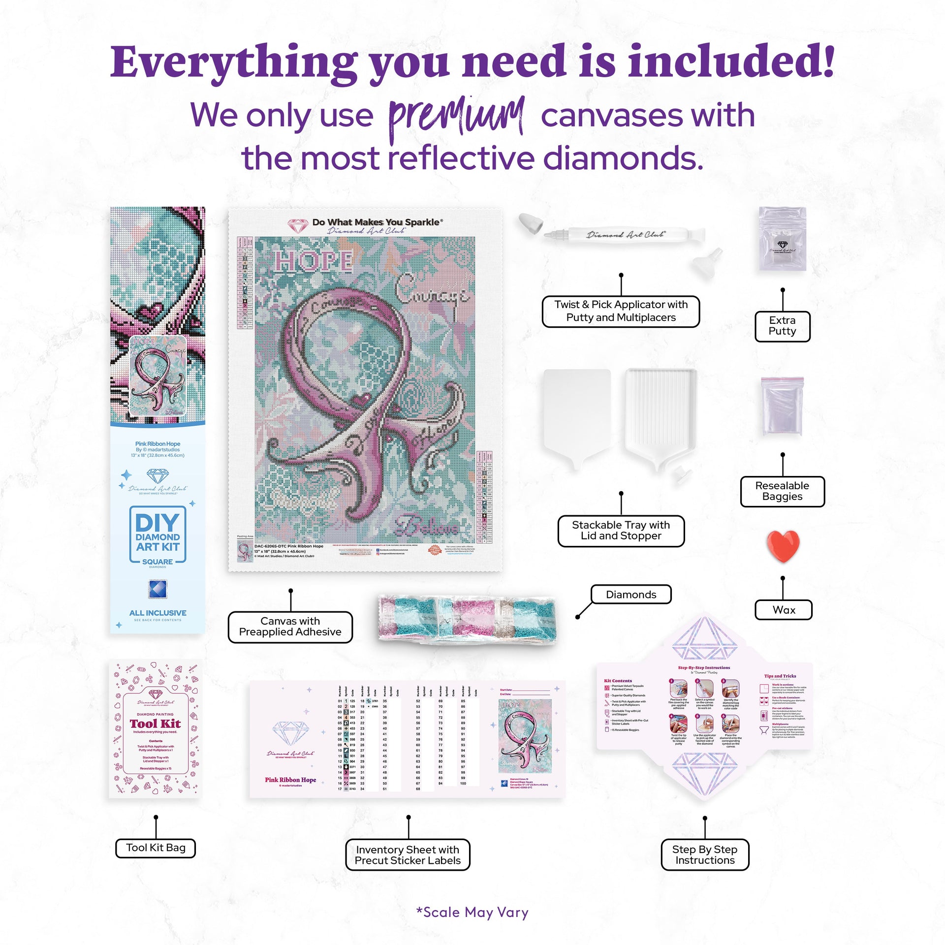 Diamond Painting Pink Ribbon Hope 13" x 18" (32.8cm x 45.6cm) / Square with 19 Colors including 2 ABs and 1 Fairy Dust Diamonds / 24,156