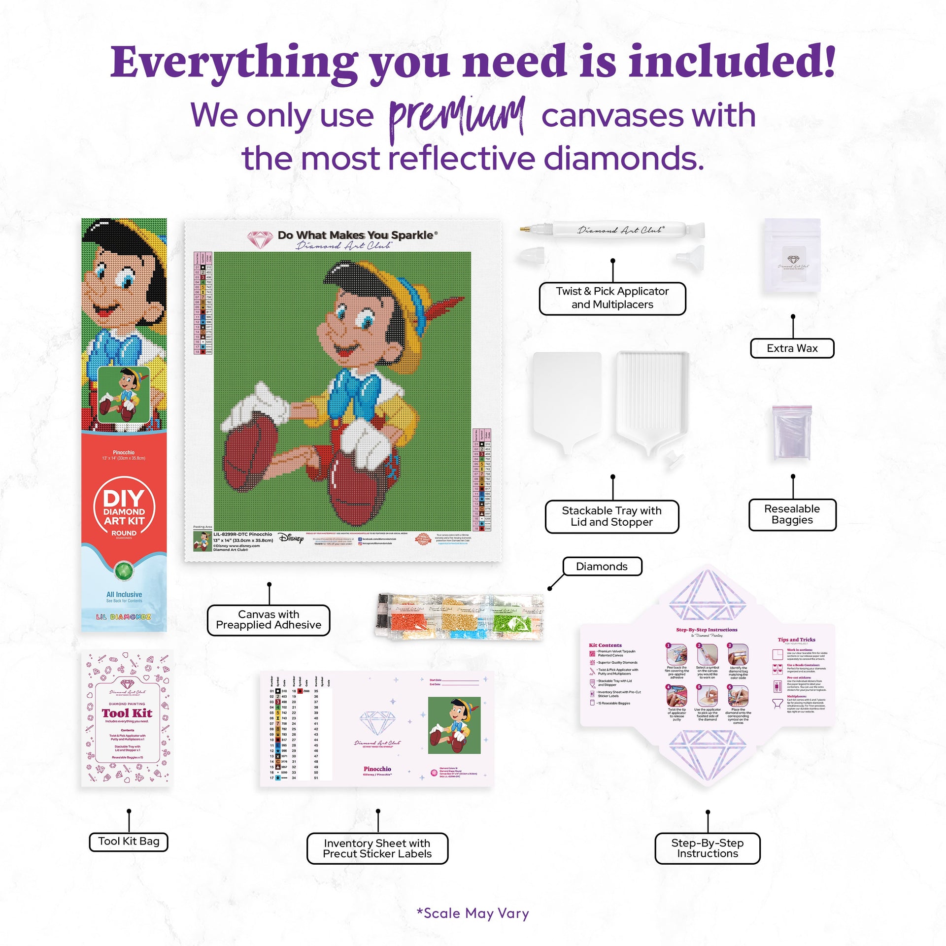 Diamond Painting Pinocchio 13" x 14" (33cm x 35.8cm) / Round with 18 Colors including 1 AB and 1 Fairy Dust Diamond / 15,600