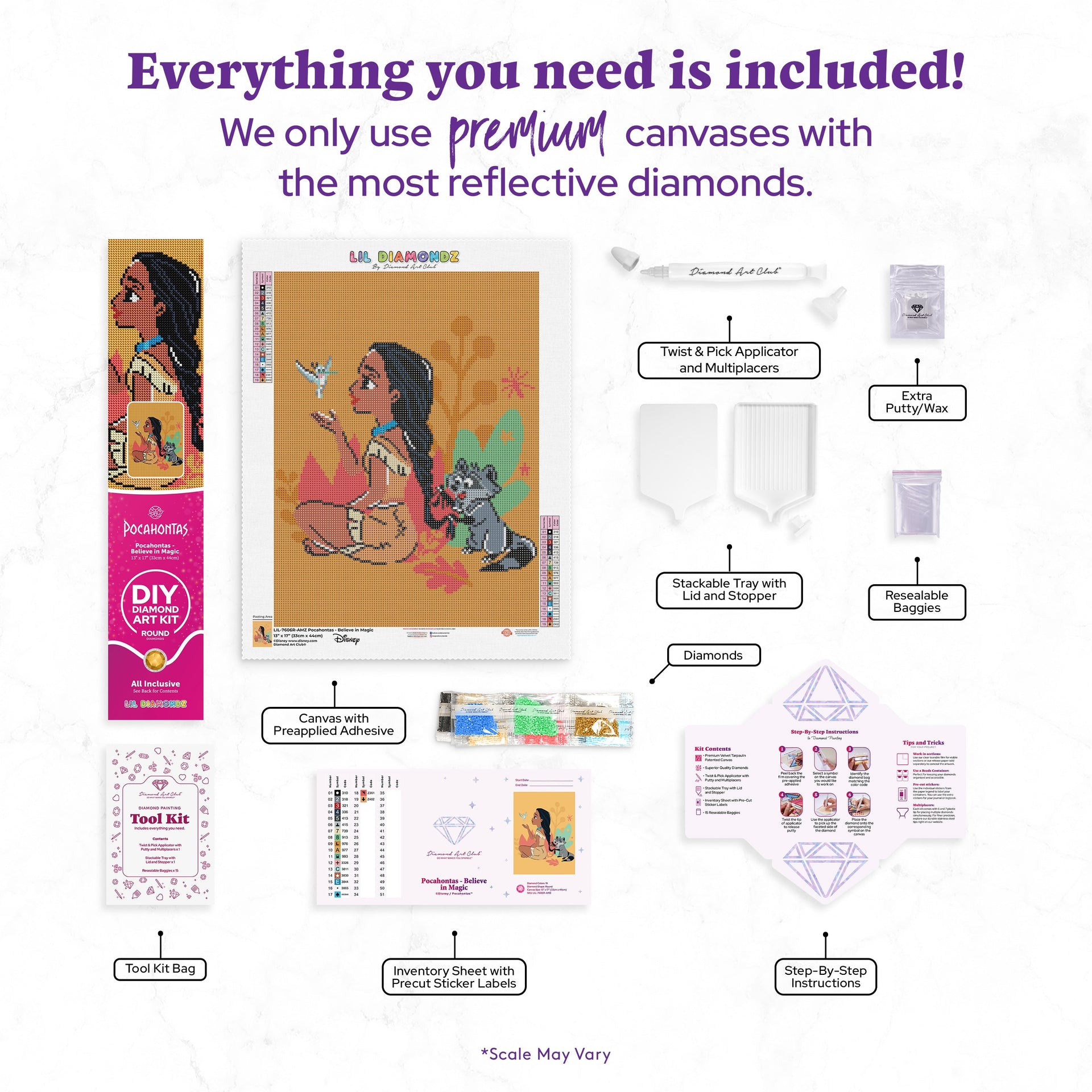 Diamond Painting Pocahontas - Believe in Magic 13" x 17" (33cm x 44cm) / Round with 19 Colors including 1 AB and 2 Fairy Dust Diamonds / 19,200