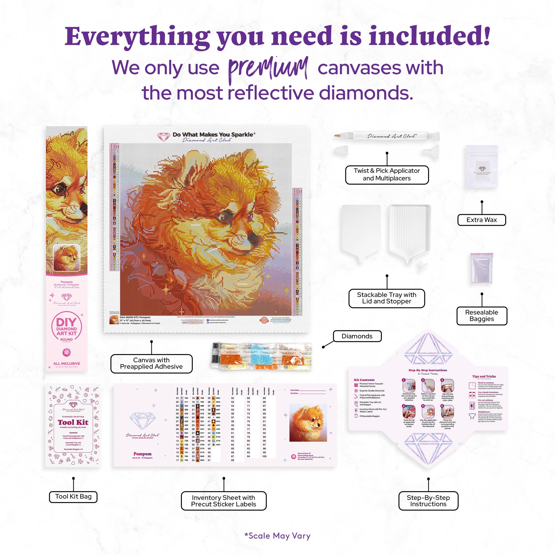 Diamond Painting Pompom 17" x 17" (42.7cm x 42.7cm) / Round With 47 Colors Including 2 ABs and 1 Iridescent Diamond and 4 Fairy Dust Diamonds / 24,025