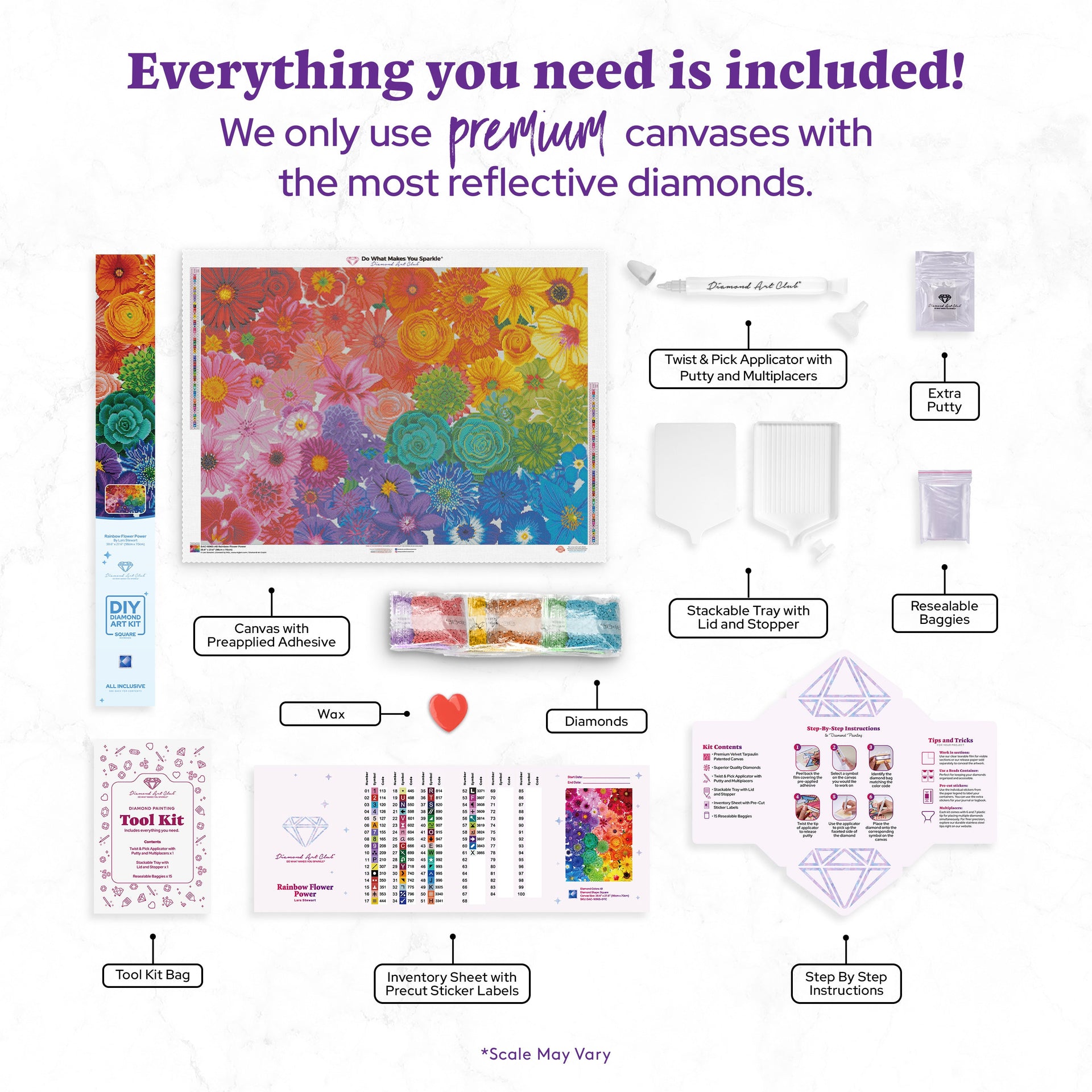 Diamond Painting Rainbow Flower Power 38.6" x 27.6" (98cm x 70cm) / Square with 61 Colors including 6 ABs / 107,476