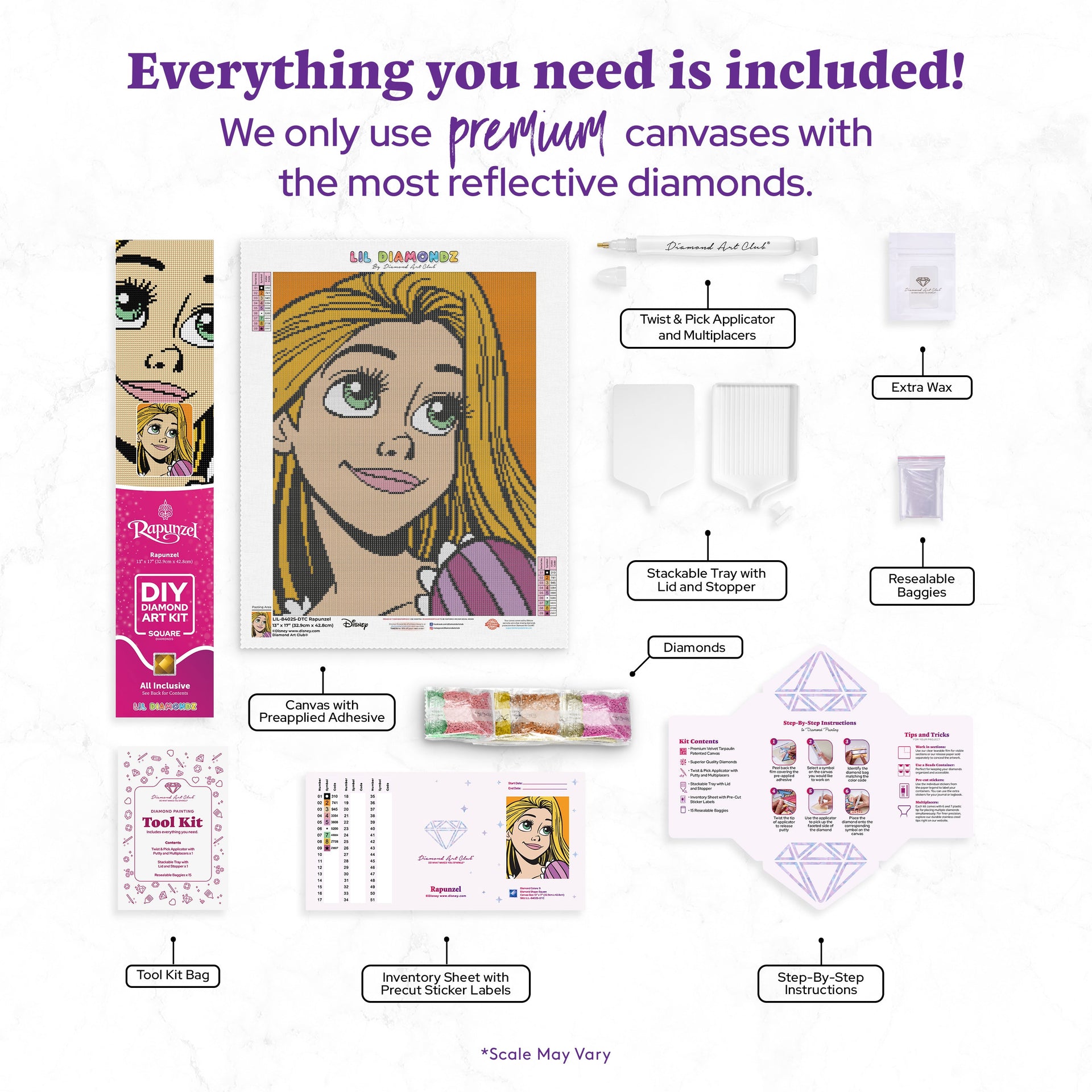 Diamond Painting Rapunzel 13" x 17" (32.9cm x 42.8cm) / Square with 9 Colors including 1 AB and 2 Fairy Dust Diamonds / 22,704