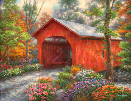 Diamond Painting Red Covered Bridge 17" x 13" (42.6cm x 32.8cm) / Round With 45 Colors Including 5 ABs / 17,784