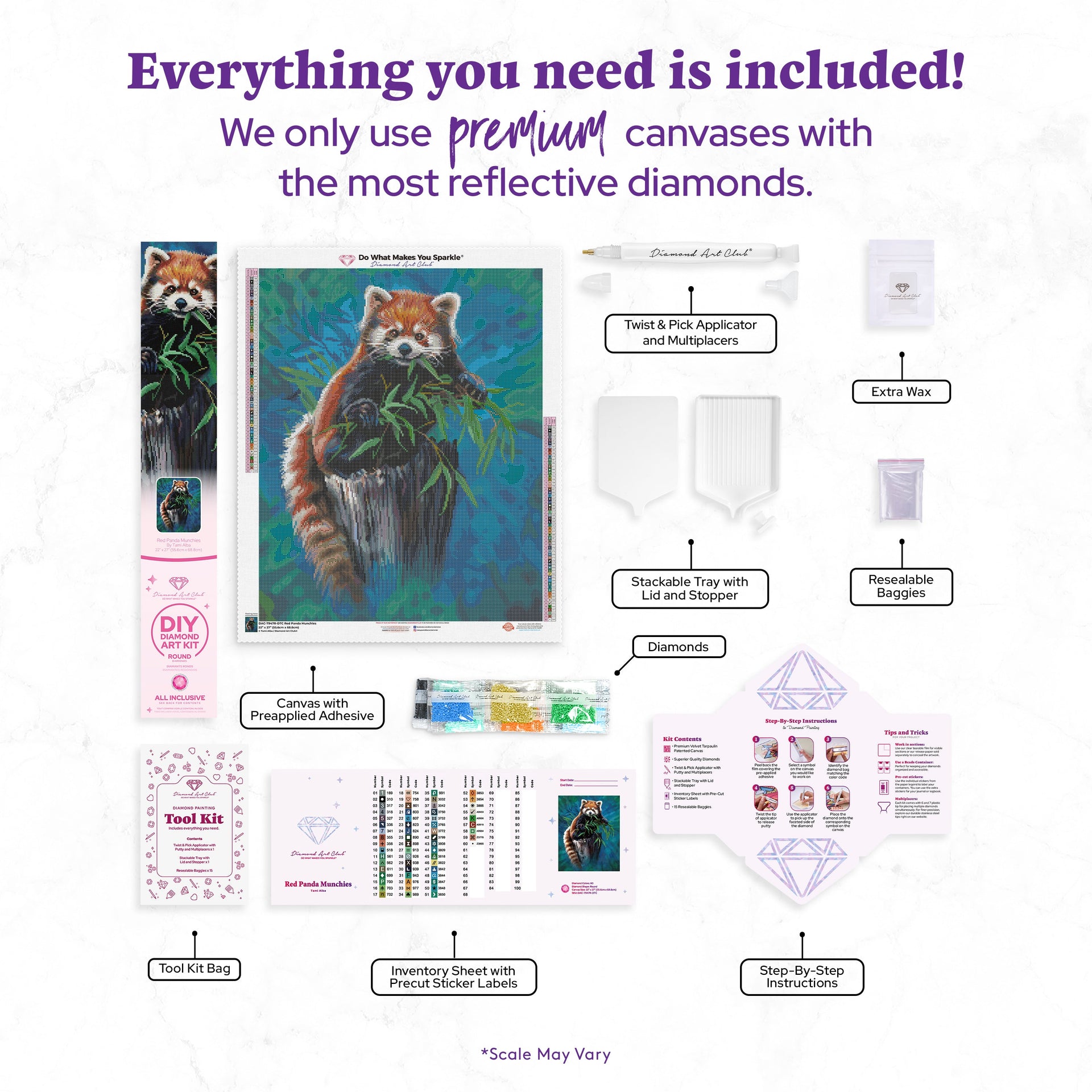 Diamond Painting Red Panda Munchies 22" x 27" (55.6cm x 68.8cm) / Round with 60 Colors including 4 ABs and 2 Fairy Dust Diamonds / 50,500