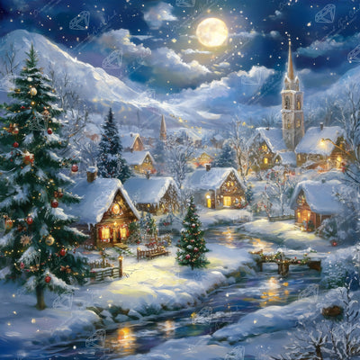 Diamond Painting Snow Covered Village 27.6" x 27.6" (69.9cm x 69.9cm) / Square with 72 Colors including 1 AB and 1 Iridescent Diamond and 3 Fairy Dust Diamonds / 78,961