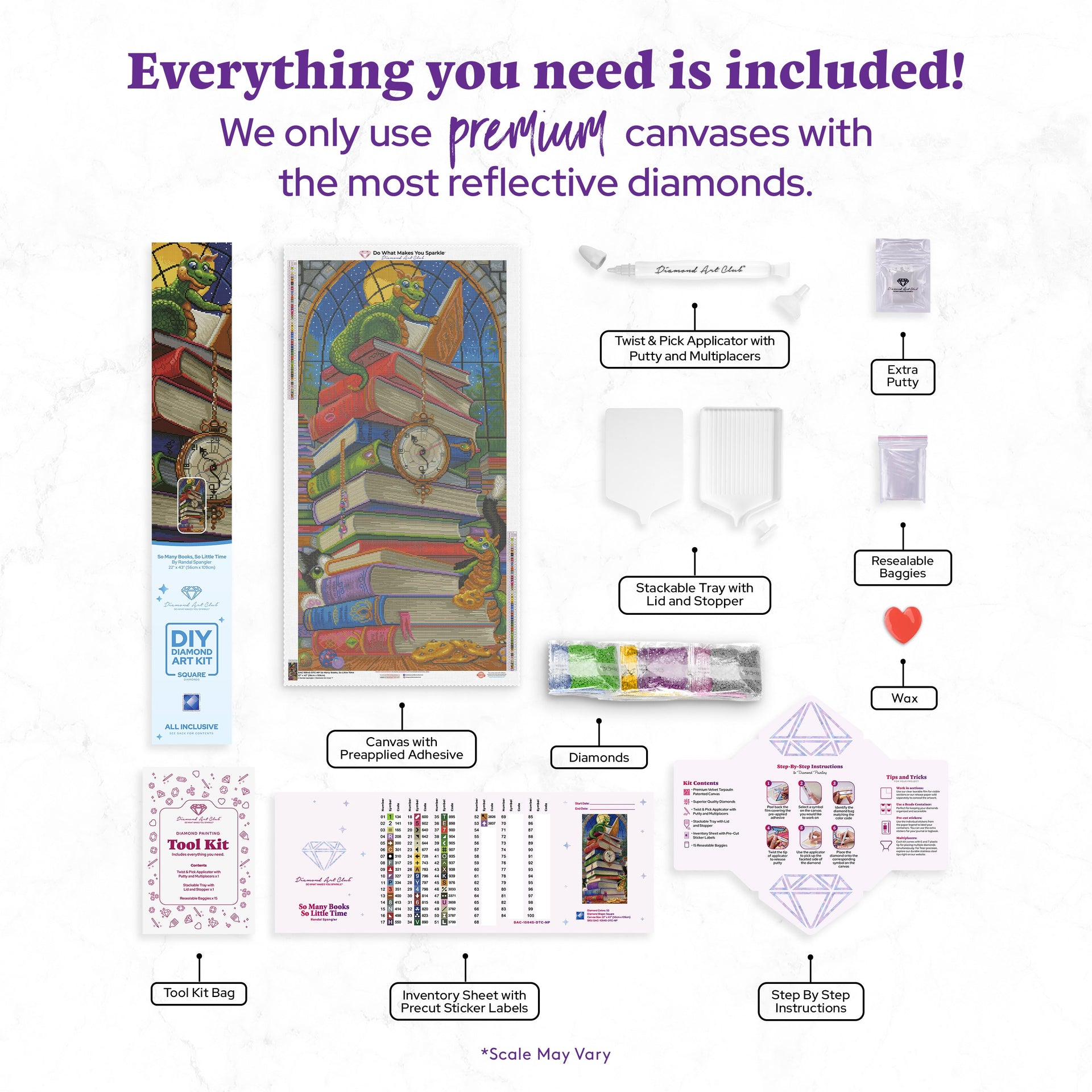 Diamond Painting So Many Books, So Little Time 22" x 43″ (56cm x 109cm) / Square with 53 Colors including 2 ABs / 95,693