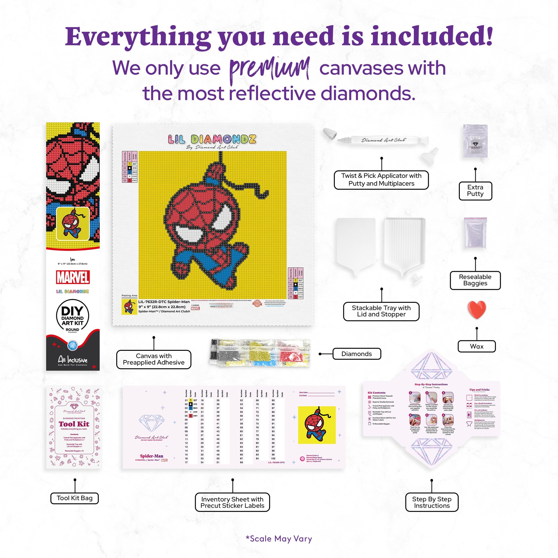 Diamond Painting Spider-Man 9" x 9" (22.8cm x 22.8cm) / Round with 5 Colors including 1 Iridescent Diamond and 1 Fairy Dust Diamond / 6,889