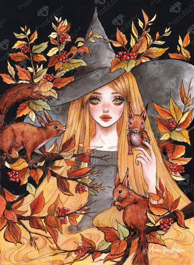 Diamond Painting Squirrel Witch 22" x 30" (55.8cm x 75.9cm) / Square with 63 Colors including 2 ABs and 1 Iridescent Diamond and 2 Fairy Dust Diamonds / 68,320
