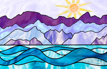 Diamond Painting Stained Glass Mountains Ocean & Sun 20" x 13" (50.7cm x 32.8cm) / Round with 31 Colors including 3 ABs and 2 Fairy Dust Diamonds / 21,177