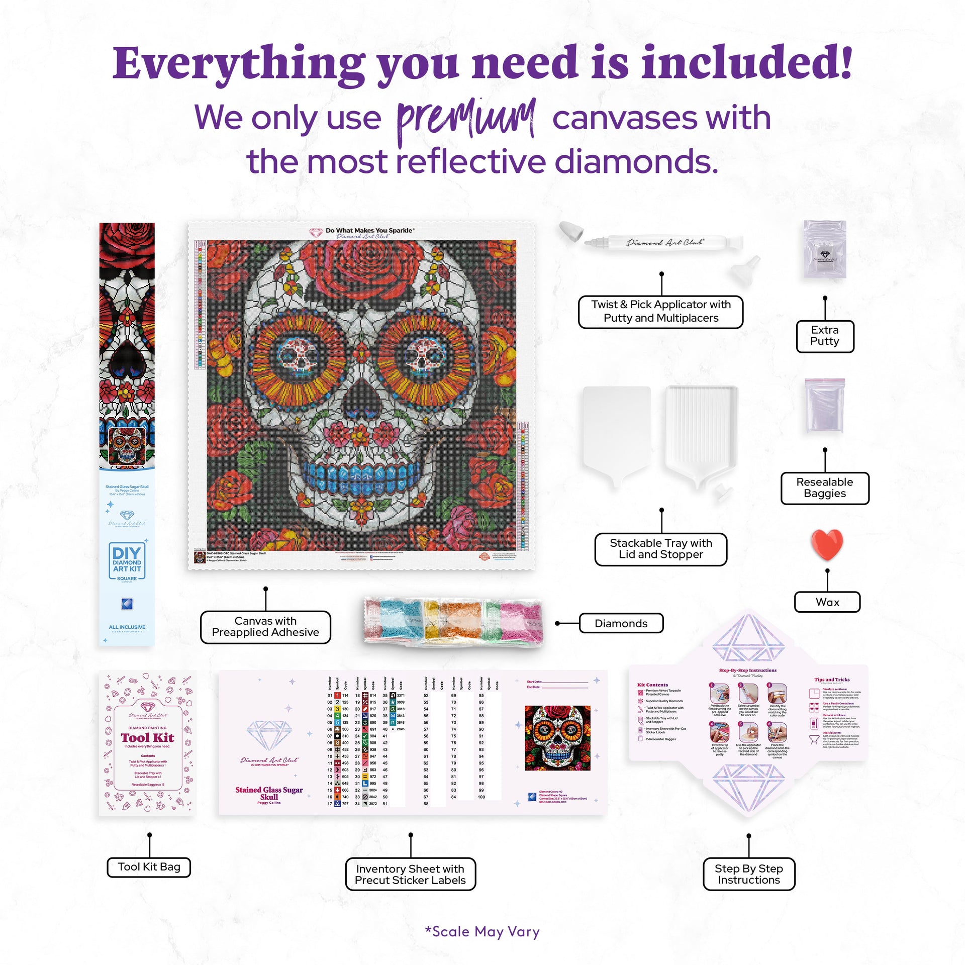 Diamond Painting Stained Glass Sugar Skull 25.6" x 25.6" (65cm x 65cm) / Square with 40 Colors including 5 ABs and 1 Fairy Dust Diamonds / 68,121