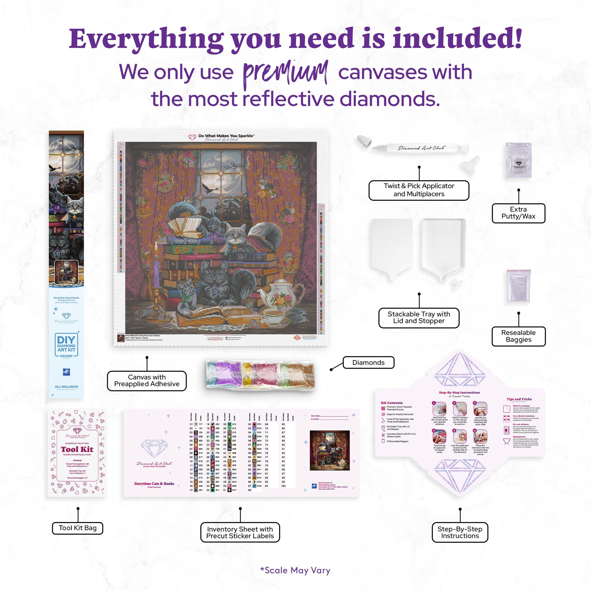 Diamond Painting Storytime Cats & Books 25.6" x 25.6" (65cm x 65cm) / Square With 67 Colors Including 2 ABs and 1 Electro Diamond and 2 Fairy Dust Diamonds / 68,121