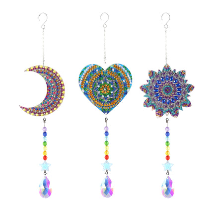 Diamond Painting Suncatchers - Moon/Heart/Mandala 4" x 4" (10cm x 10cm) / Round with 9 Colors including 9 Iridescent Diamonds / 5,089