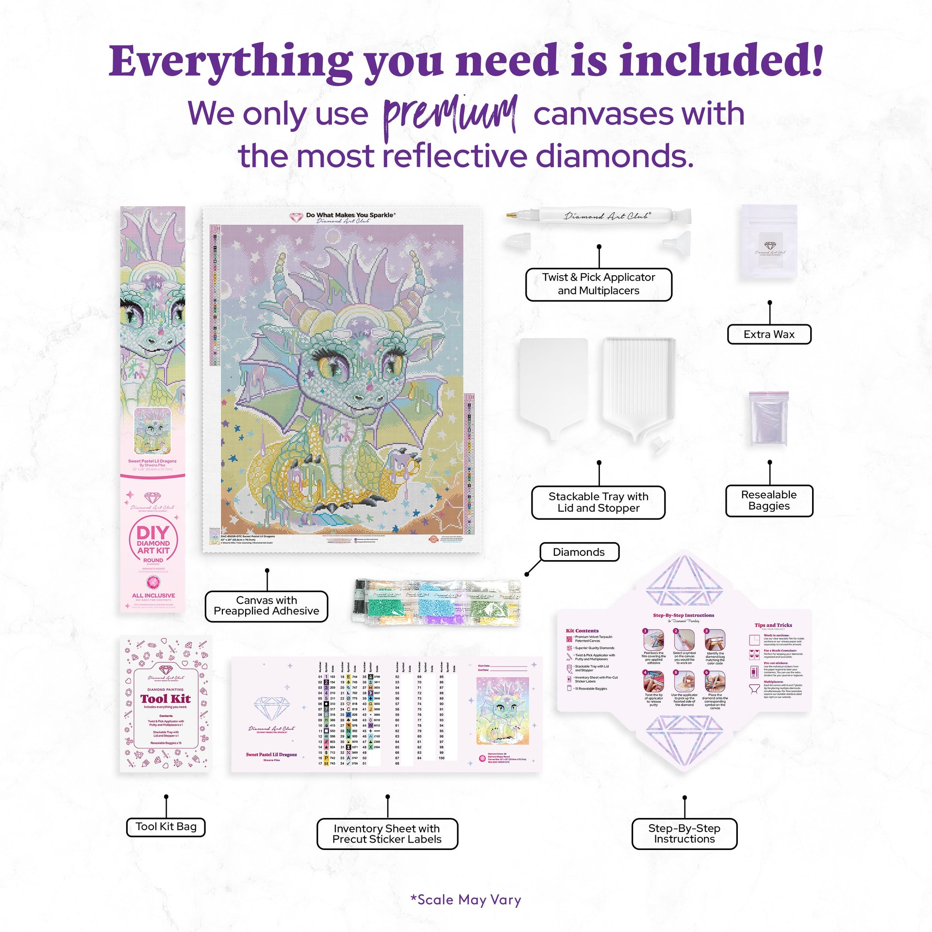 Diamond Painting Sweet Pastel Lil Dragonz 22" x 28" (55.6cm x 70.7cm) / Round with 48 Colors including 1 AB and 3 Fairy Dust Diamonds / 51,914