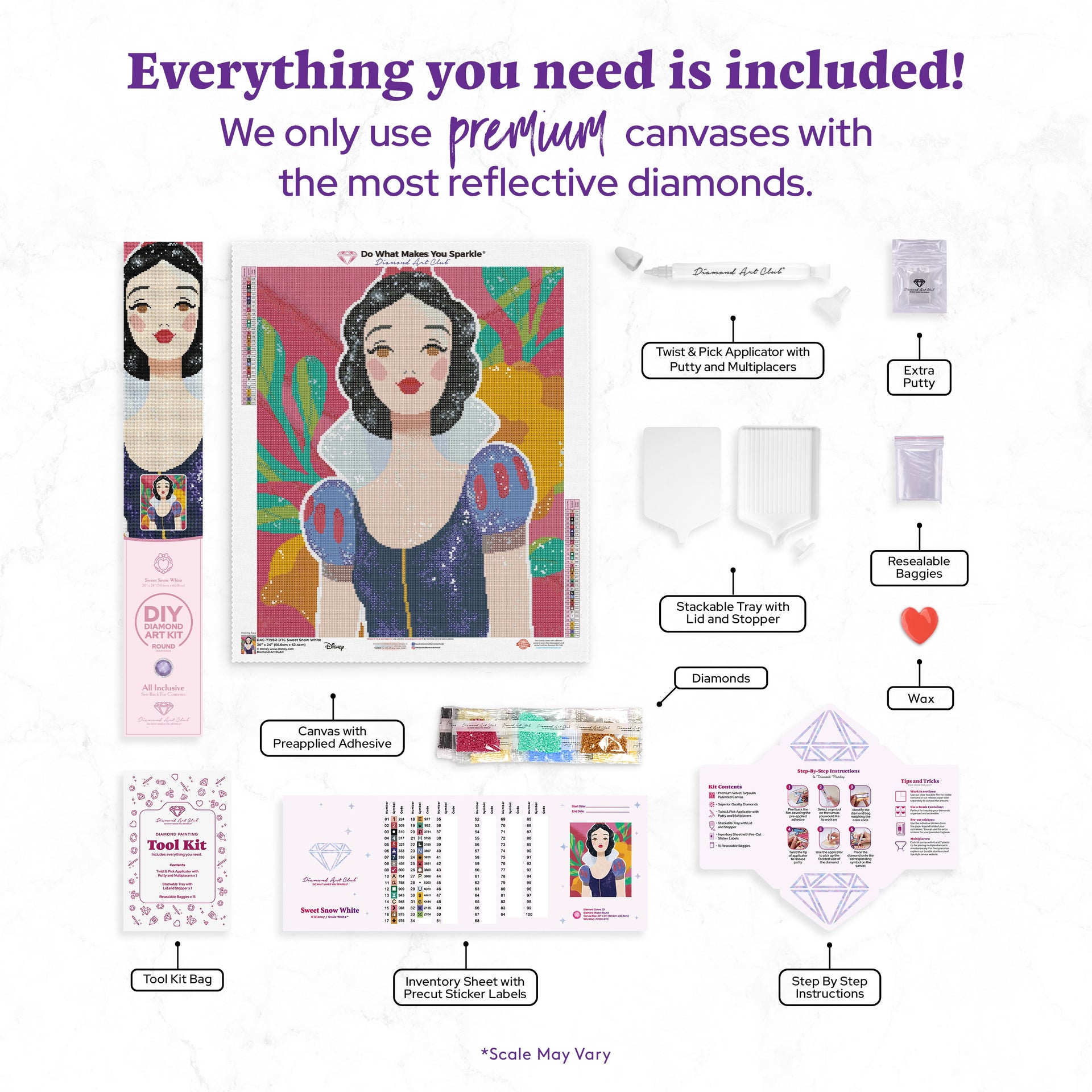 Diamond Painting Sweet Snow White 20" x 24" (50.6cm x 60.8cm) / Round with 33 Colors including 1 AB and 1 Electro Diamond and 2 Fairy Dust Diamonds / 40,664