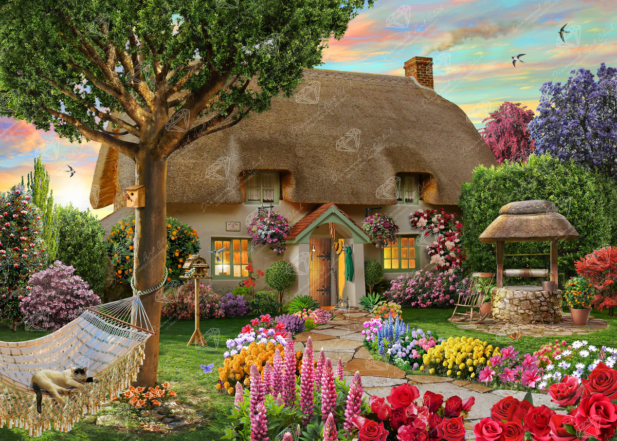 Diamond Painting Thatched Cottage 38.6" x 27.6" (97.8cm x 69.9cm) / Square with 80 Colors including 4 ABs and 2 Fairy Dust Diamonds / 110,433