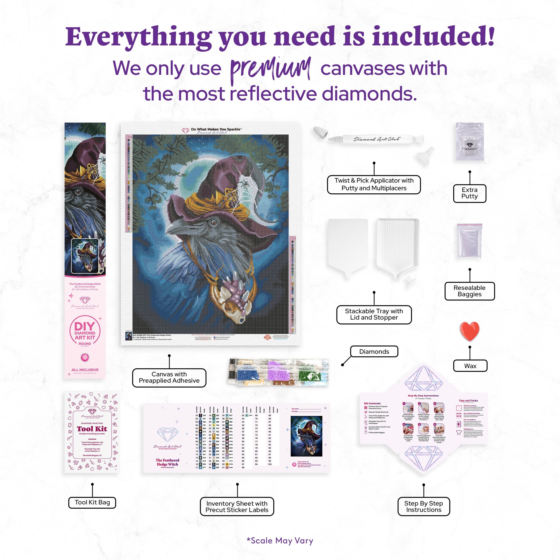 Diamond Painting The Feathered Hedge Witch 22" x 28" (55.6cm x 70.7cm) / Round with 52 Colors including 2 ABs and 3 Fairy Dust Diamonds / 51,914