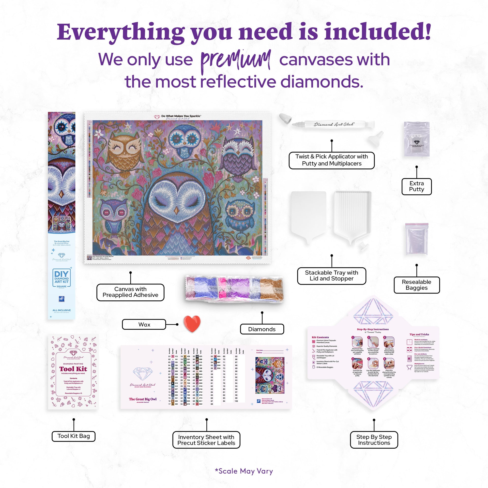 Diamond Painting The Great Big Owl 32.3" x 25.6" (82cm x 65cm) / Square with 56 Colors including 2 ABs and 2 Fairy Dust Diamonds / 85,869