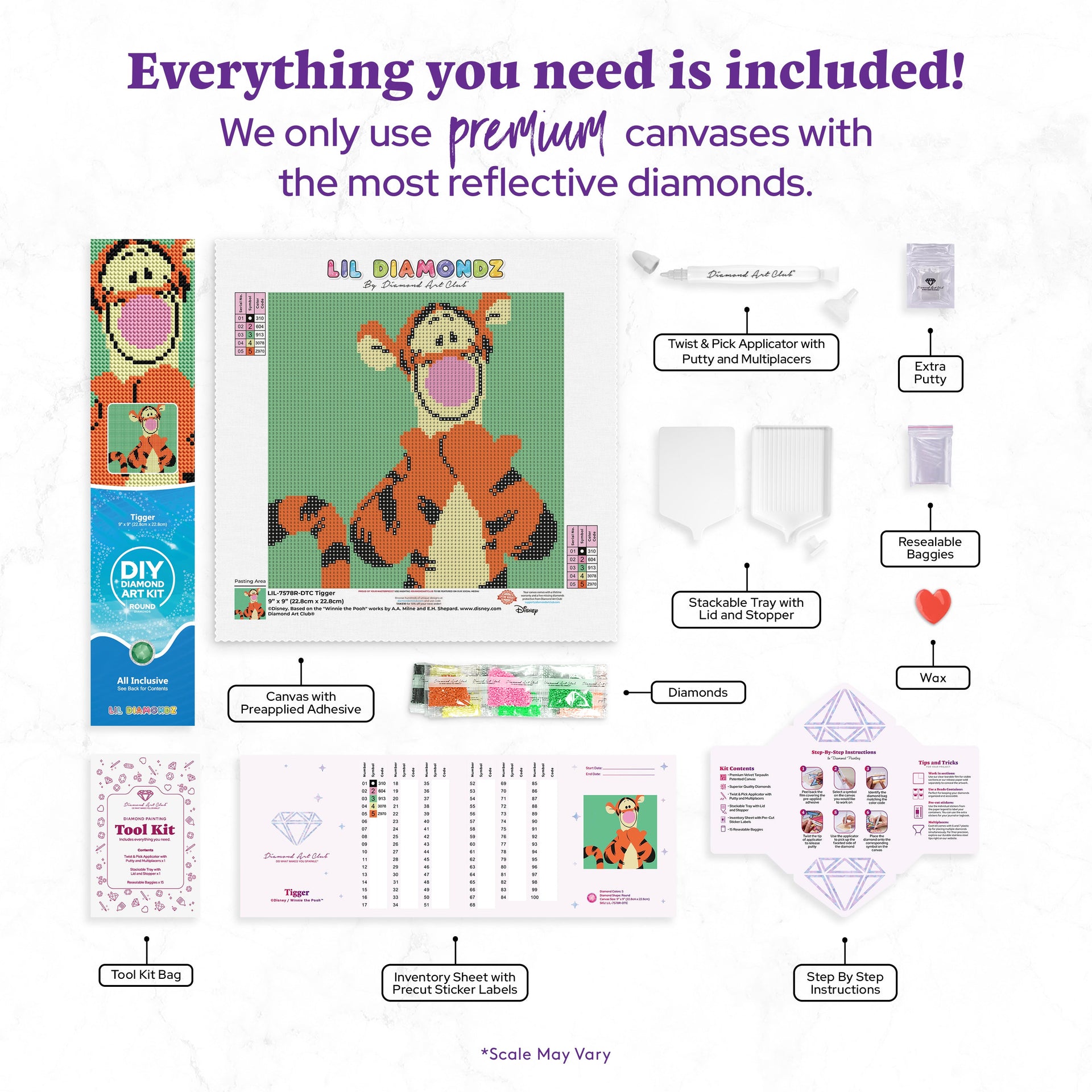 Diamond Painting Tigger 9" x 9" (22.8cm x 22.8cm) / Round with 5 Colors including 1 Fairy Dust Diamond / 6,889