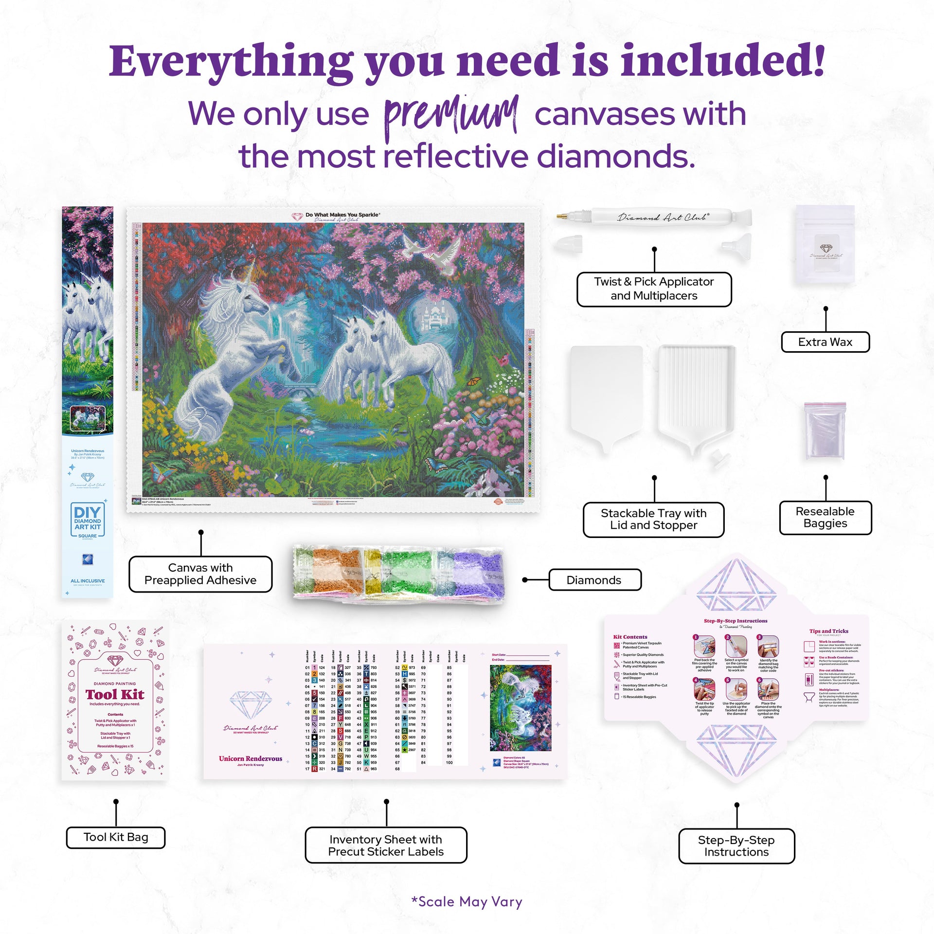 Diamond Painting Unicorn Rendezvous 38.6" x 27.6" (98cm x 70cm) / Square With 65 Colors Including 4 ABs and 1 Fairy Dust Diamonds / 110,433