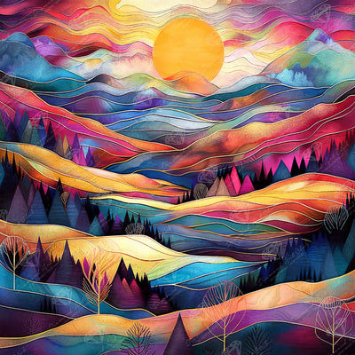 Diamond Painting Valley Sunset 25.6" x 25.6" (65cm x 65cm) / Square with 70 Colors including 3 ABs and 1 Iridescent Diamond and 4 Fairy Dust Diamonds / 68,121