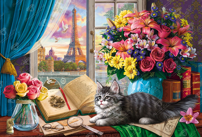 Diamond Painting View of the Eiffel Tower from the Window 40.6" x 27.6" (102.8cm x 69.9cm) / Square with 68 Colors including 2 ABs and 5 Fairy Dust Diamonds / 116,053