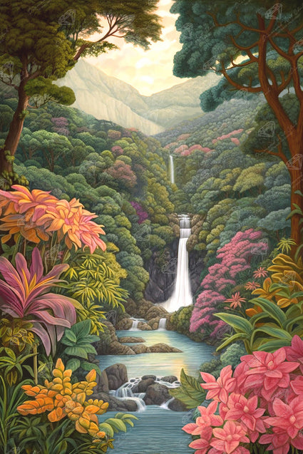 Diamond Painting Waterfall in a Jungle 27.6" x 41.3" (70cm x 105cm) / Square with 55 Colors including 4 ABs and 3 Fairy Dust Diamonds / 118,301