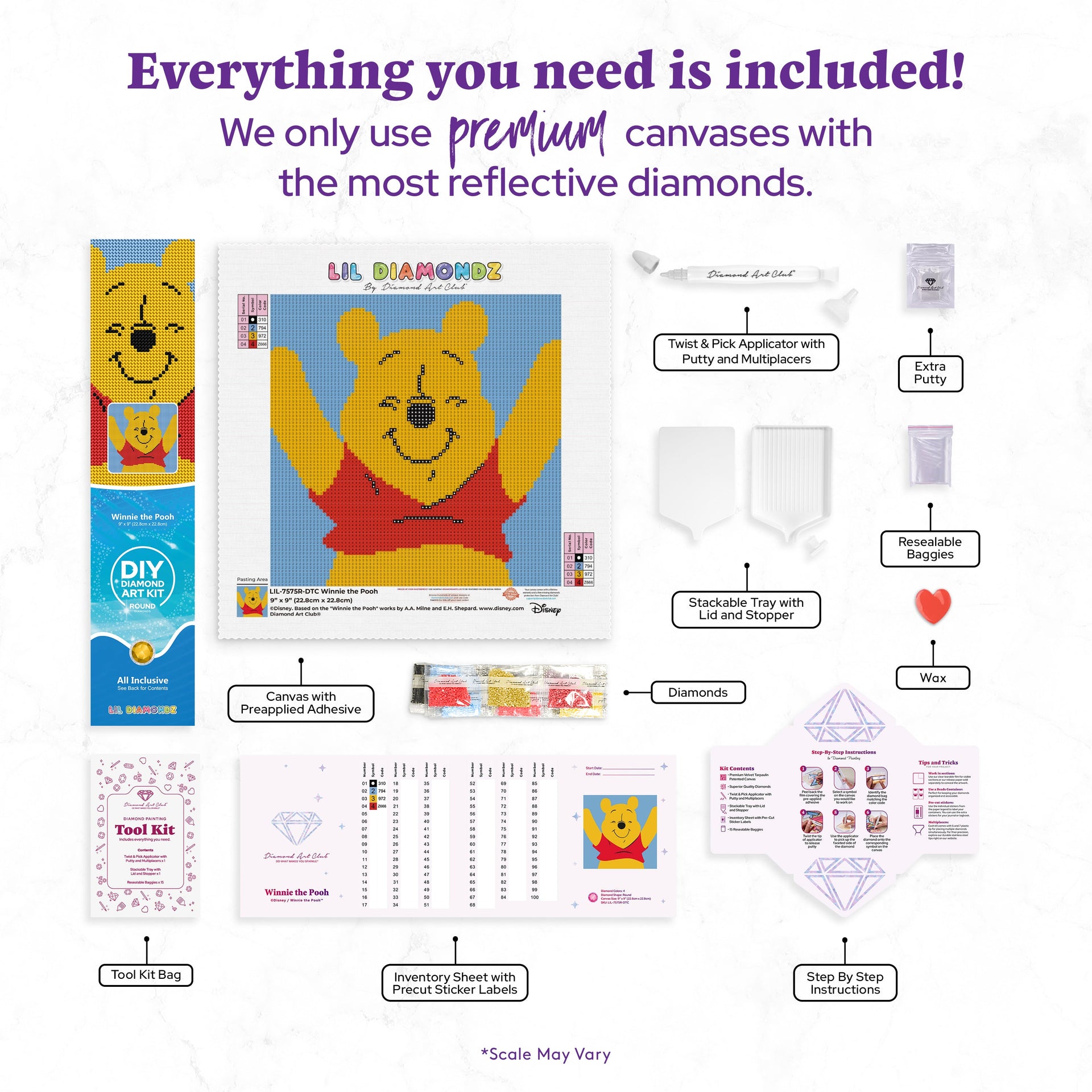 Diamond Painting Winnie the Pooh 9" x 9" (22.8cm x 22.8cm) / Round with 4 Colors including 1 Fairy Dust Diamond / 6,889