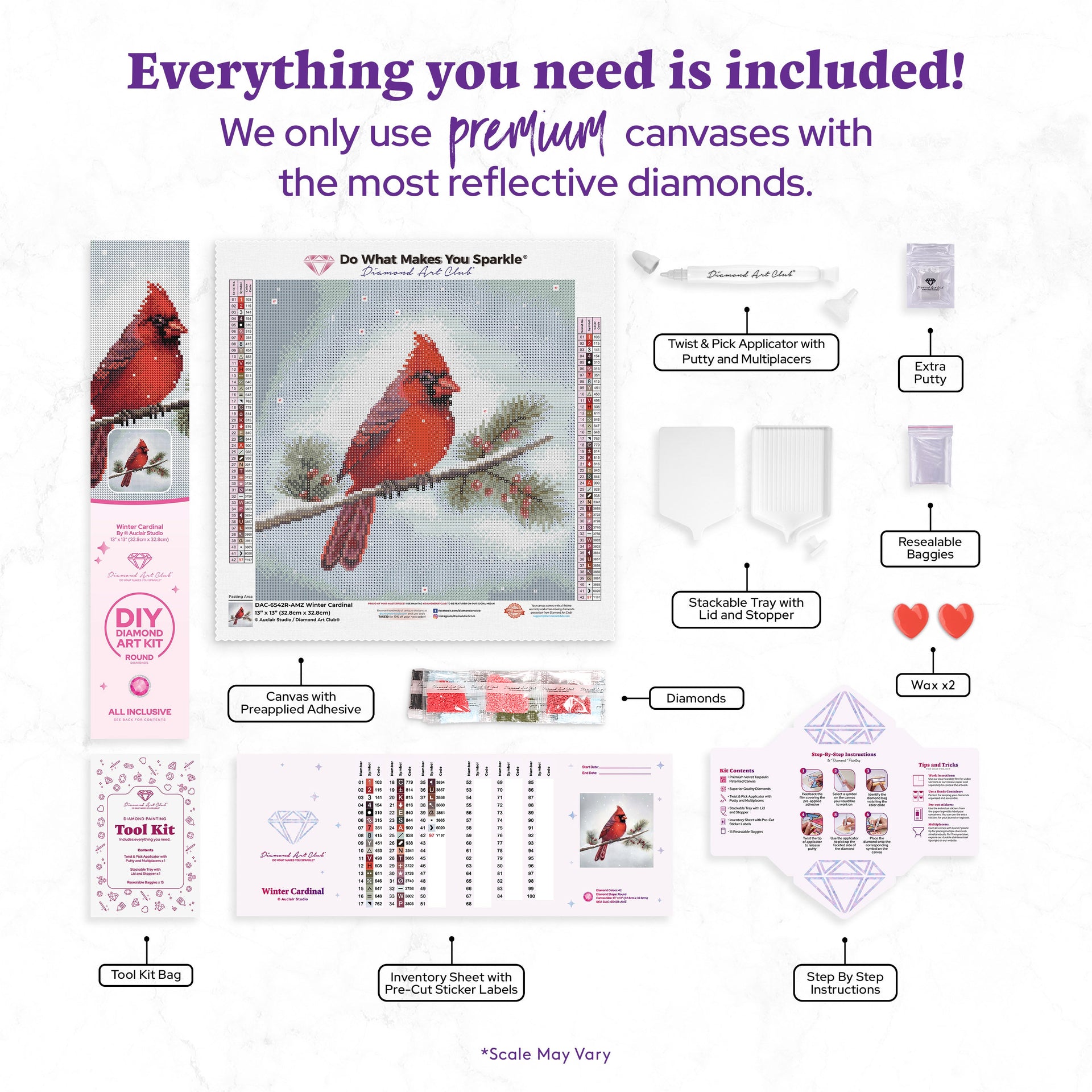 Diamond Painting Winter Cardinal 13" x 13" (32.8cm x 32.8cm) / Round with 42 Colors including 3 ABs and 1 Special Diamonds / 13,657