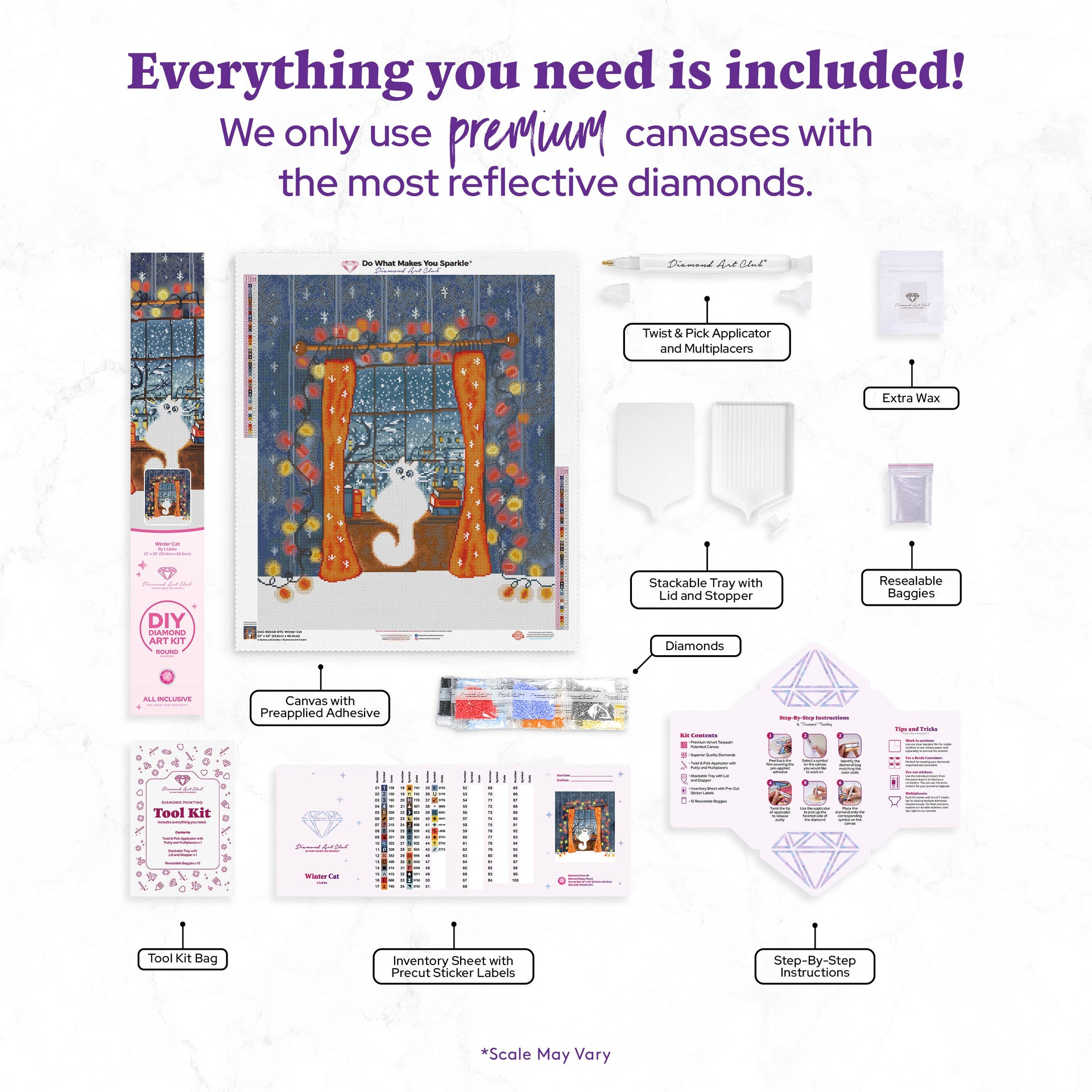 Diamond Painting Winter Cat 22" x 26" (55.6cm x 66cm) / Round With 45 Colors Including 2 ABs and 1 Iridescent Diamond and 3 Fairy Dust Diamonds / 48,480