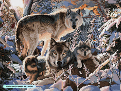 Diamond Painting Winter Wolf Family 36.6" x 27.6" (93cm x 70cm) / Square with 48 Colors including 2 ABs and 3 Fairy Dust Diamonds / 104,813