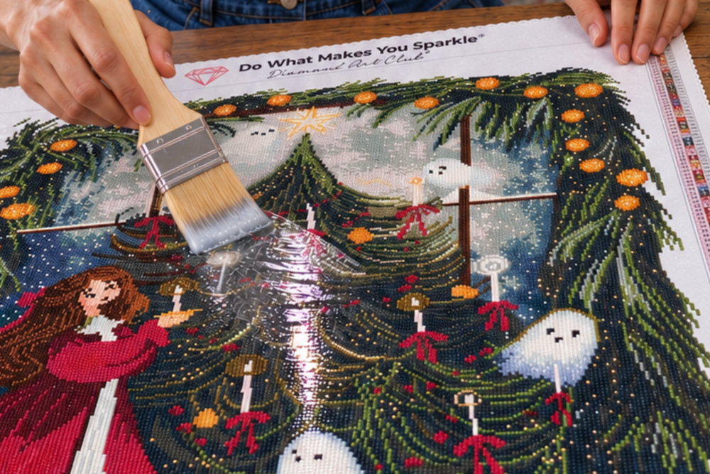 Woman sealing a diamond painting