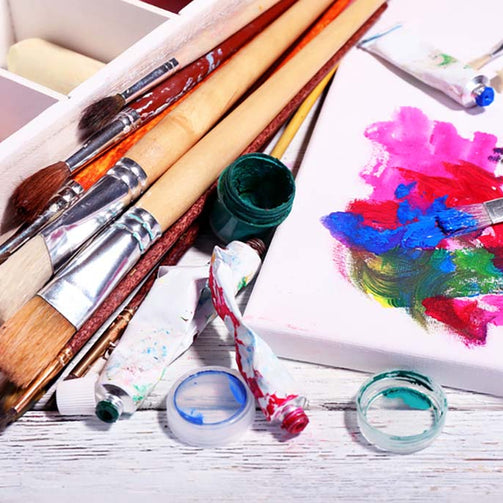 desk with crafts supplies