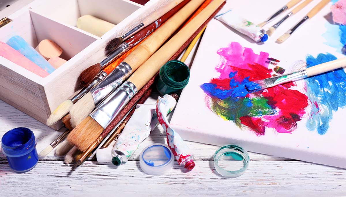 desk with crafts supplies