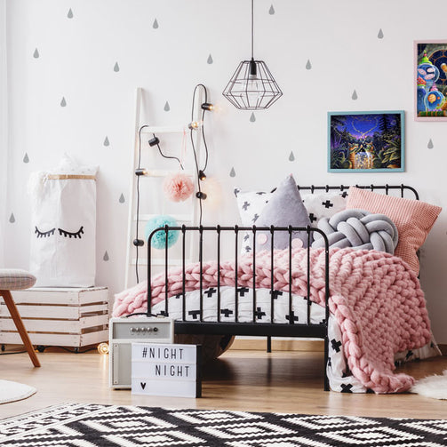 girls bedroom with diamond art hanging