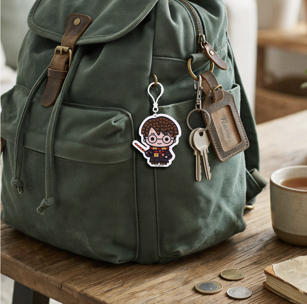 A Harry Potter diamond painting keychain attached to a green backpack