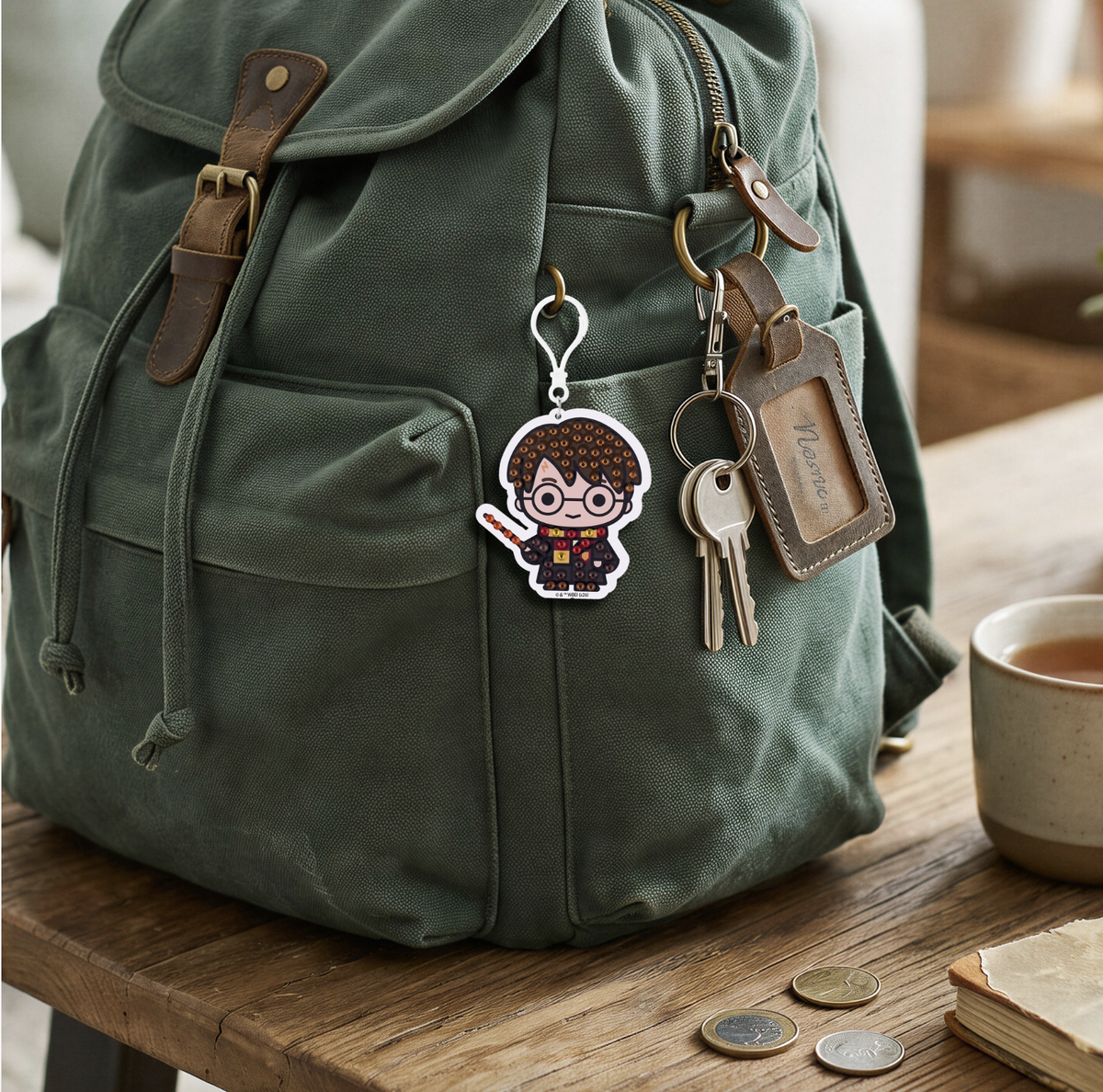 A Harry Potter diamond painting keychain attached to a green backpack