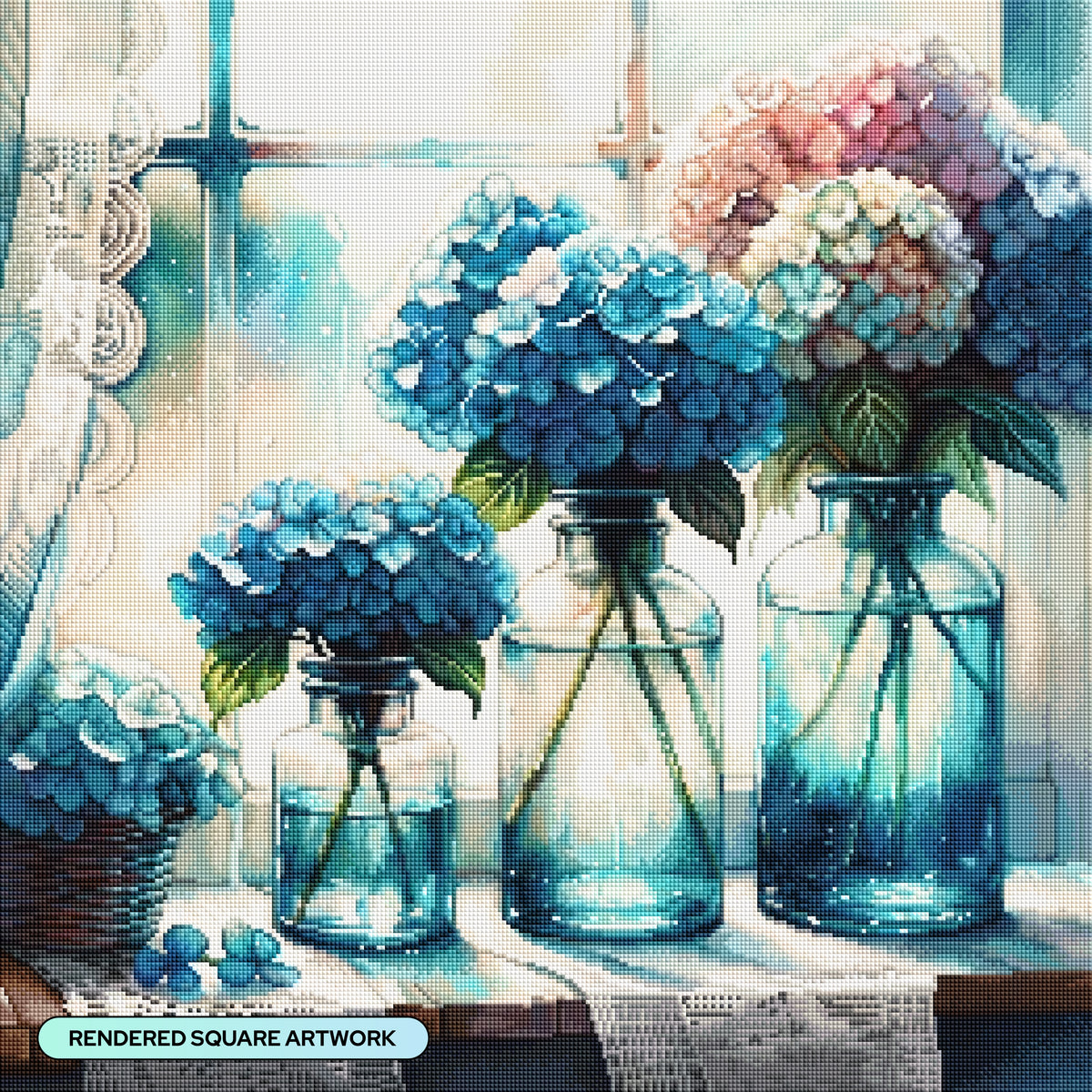 Hydrangeas in Blue Bottles