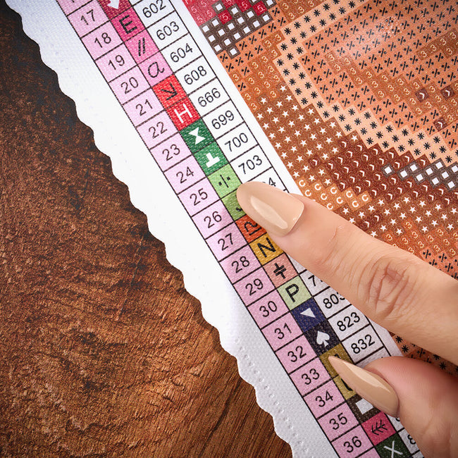 A finger pointing to a symbol and color code on the canvas chart.