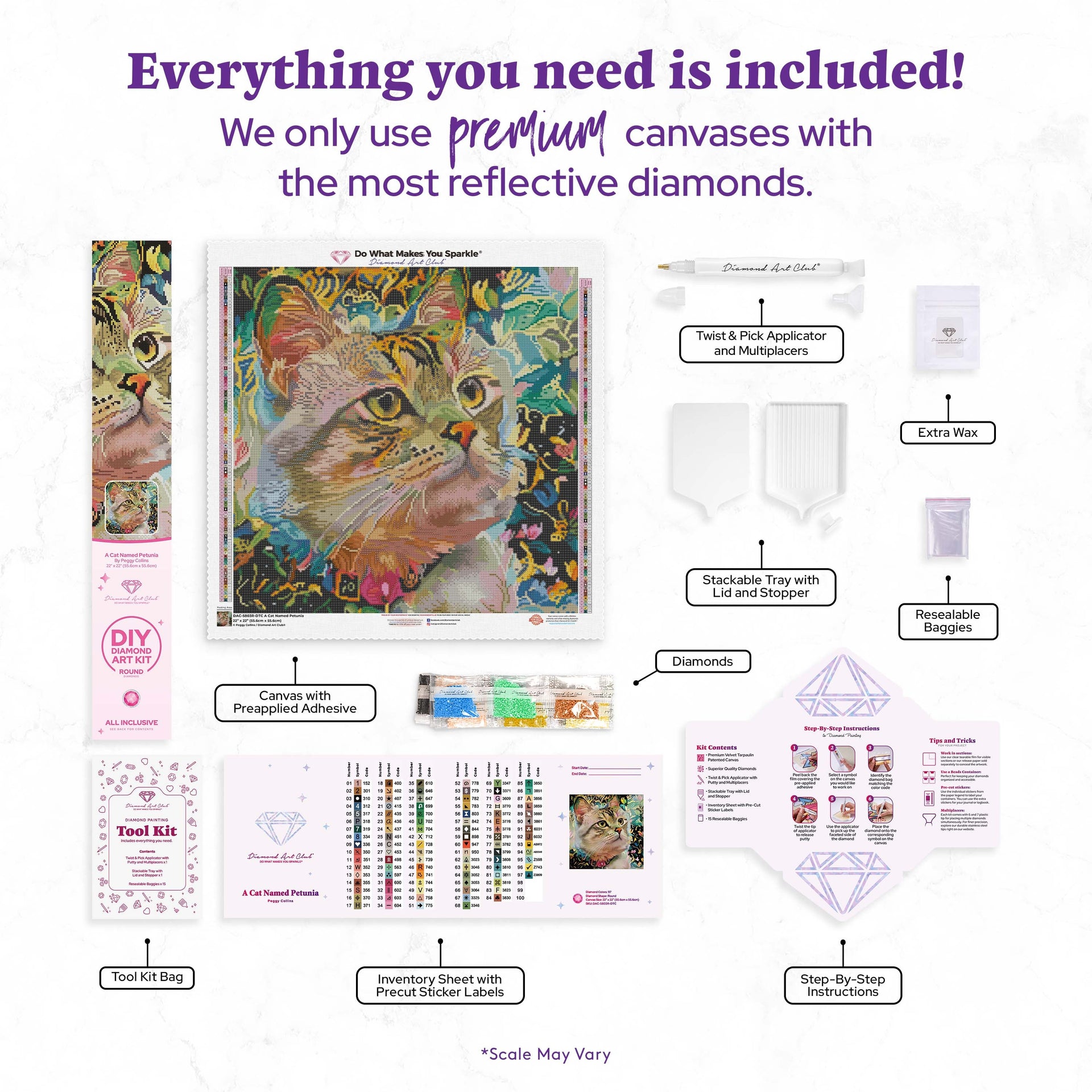 Diamond Painting A Cat Named Petunia 22" x 22" (55.6cm x 55.6cm) / Round with 97 Colors including 2 ABs and 3 Fairy Dust Diamonds / 40,804