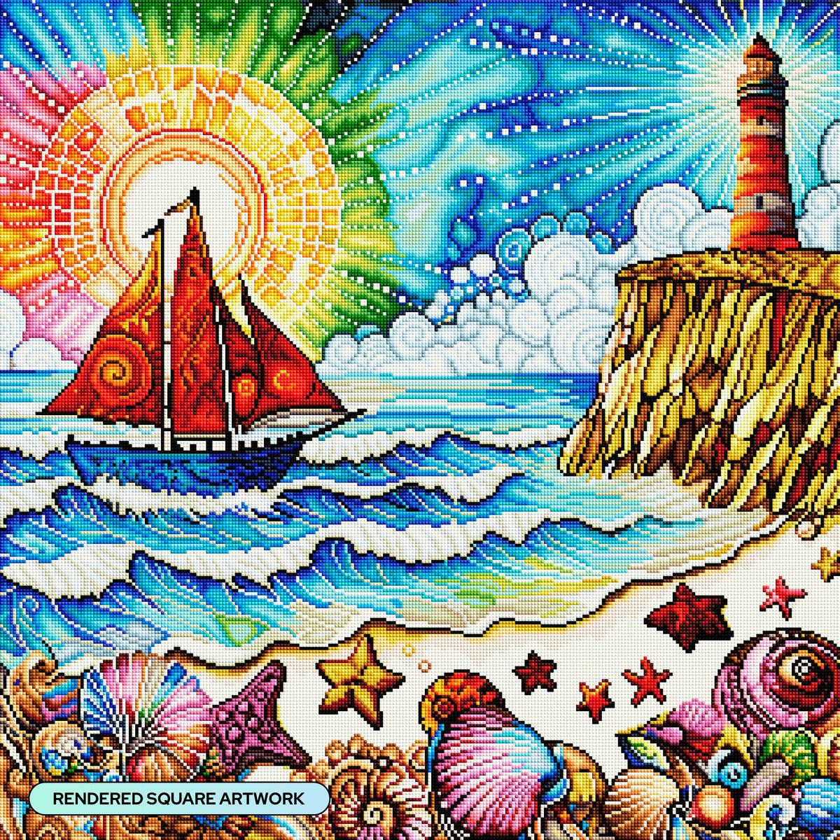 Diamond Painting A Fine Day for Sailing 25.6" x 25.6" (65cm x 65cm) / Square with 57 Colors including 4 ABs and 4 Fairy Dust Diamonds / 68,121