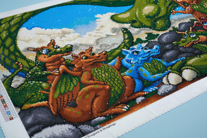 Diamond Painting A Gathering of Dragons & Draglings 38" x 20" ( 96.7cm x 50.7cm) / Round with 59 Colors including 4 ABs / 62,445
