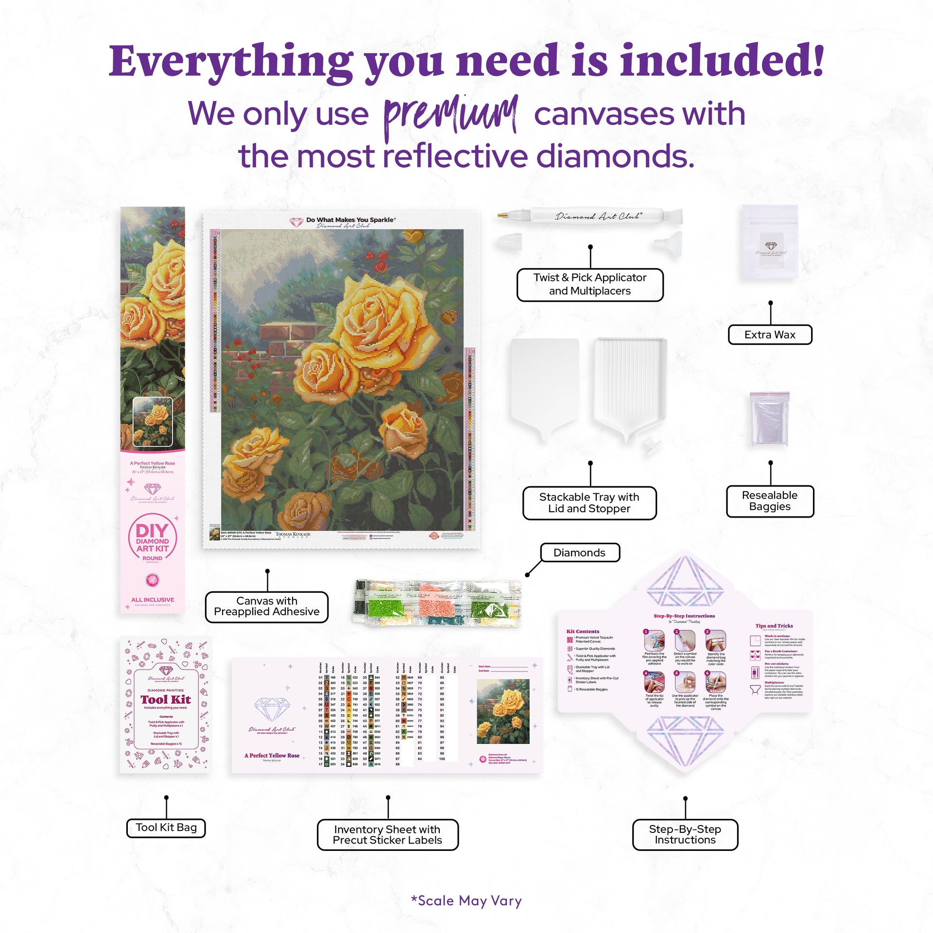 Diamond Painting A Perfect Yellow Rose 22" x 27" (55.6cm x 68.8cm) / Round With 63 Colors Including 2 ABs and 2 Fairy Dust Diamonds / 50,500