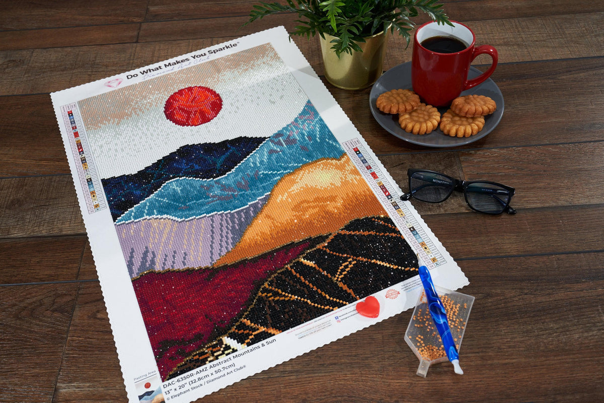 Diamond Painting Abstract Mountains & Sun-AMZ 13" x 20" (32.8cm x 50.7cm) / Round with 34 Colors including 1 ABs and 1 Fairy Dust Diamonds and 1 Electro Diamonds / 21,177