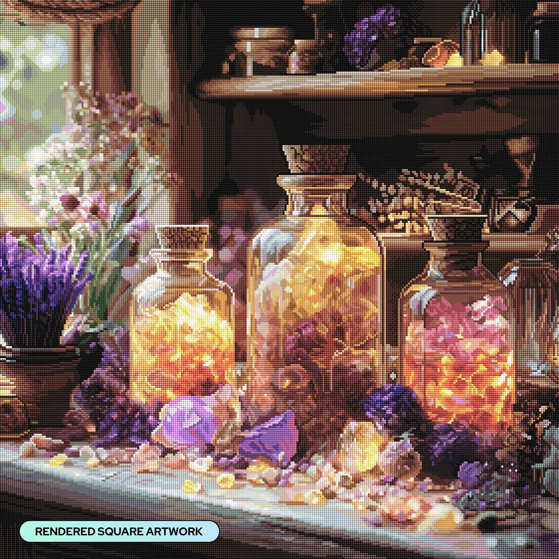 Diamond Painting Apothecary Shop 27.6" x 27.6" (69.9cm x 69.9cm) / Square with 94 Colors including 4 ABs and 1 Iridescent Diamond and 1 Frosted Diamond and 5 Fairy Dust Diamonds / 78,961
