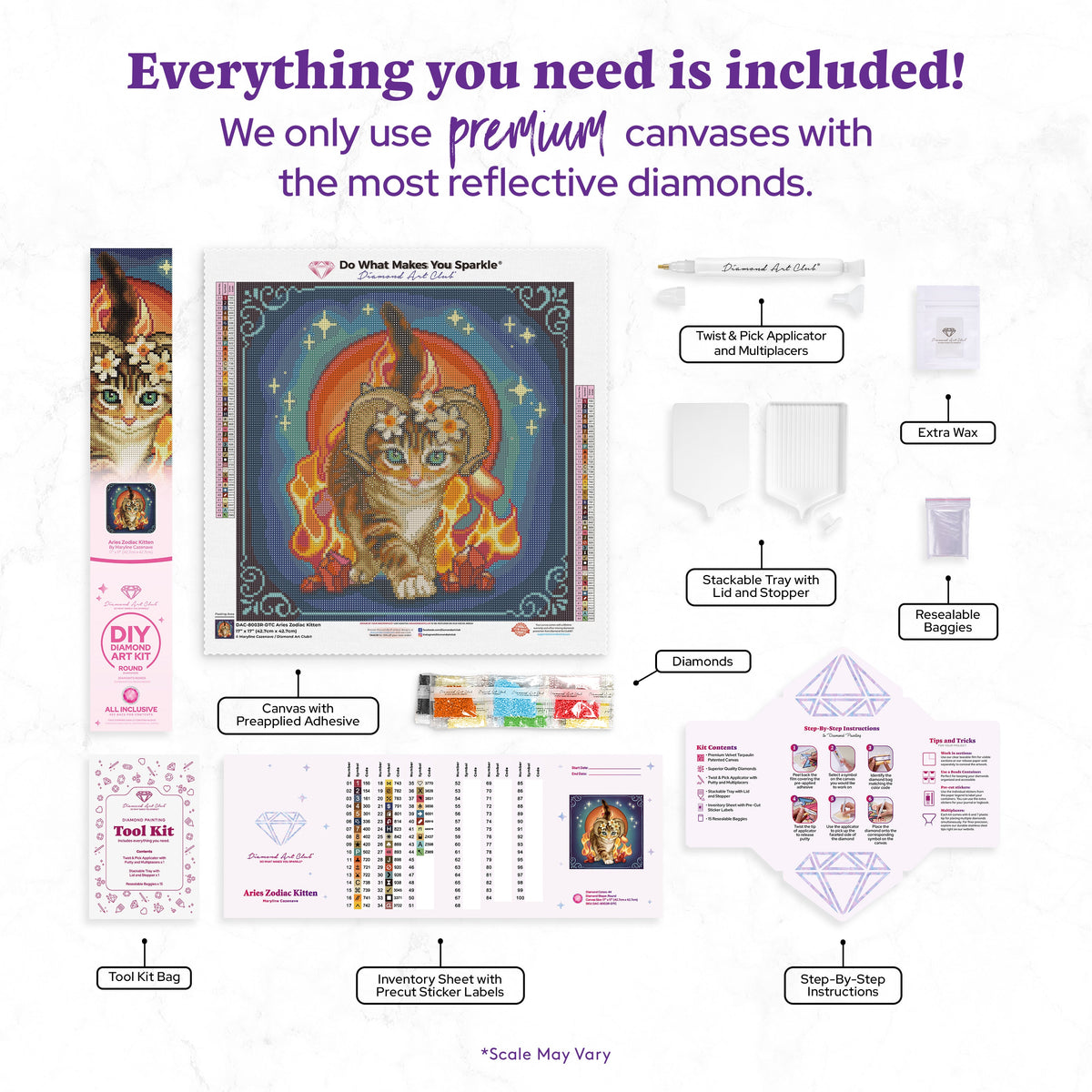 Diamond Painting Aries Zodiac Kitten 17" x 17" (42.7cm x 42.7cm) / Round with 44 Colors including 2 ABs and 3 Fairy Dust Diamonds / 24,025