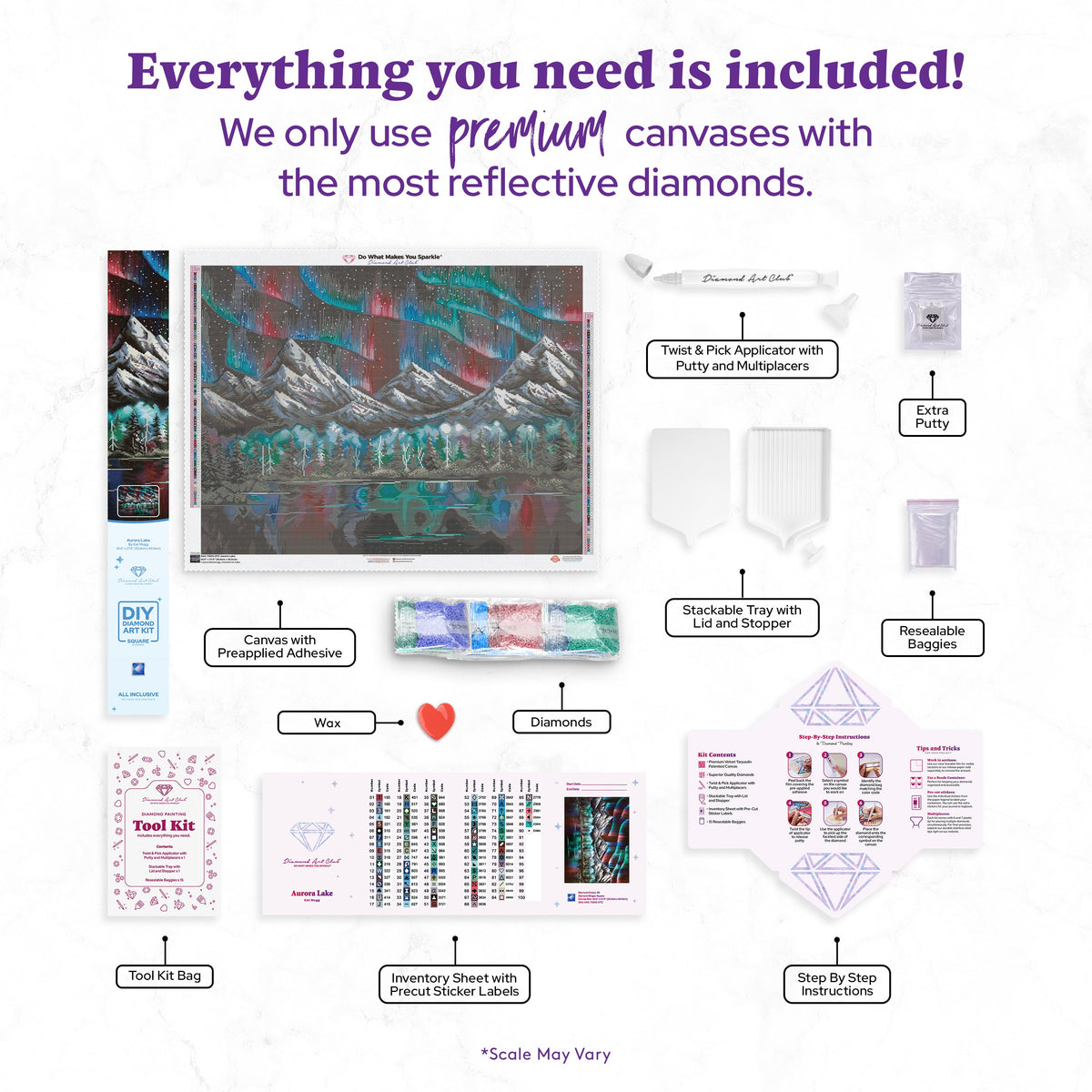 Diamond Painting Aurora Lake 36.6" x 27.6" (92.8cm x 69.9cm) / Square with 90 Colors including 2 ABs and 6 Fairy Dust Diamonds / 104,813