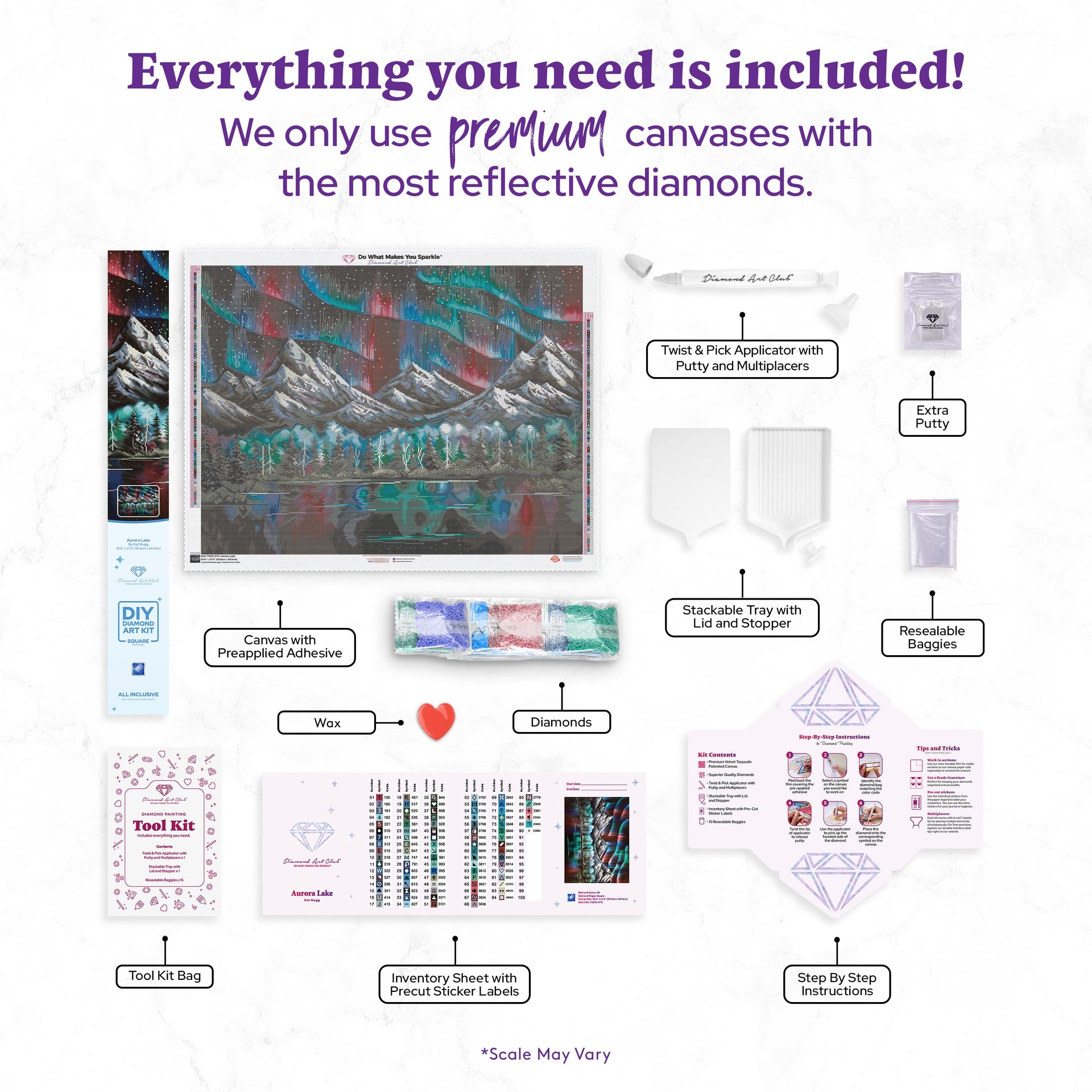 Diamond Painting Aurora Lake 36.6" x 27.6" (92.8cm x 69.9cm) / Square with 90 Colors including 2 ABs and 6 Fairy Dust Diamonds / 104,813