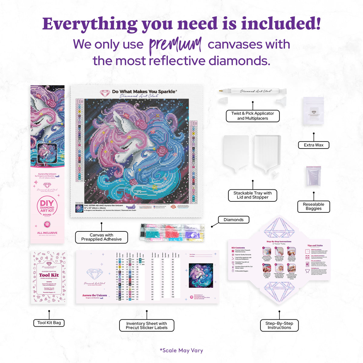 Diamond Painting Aurora the Unicorn 13" x 13" (33cm x 33cm) / Round with 37 Colors including 5 ABs / 13,456