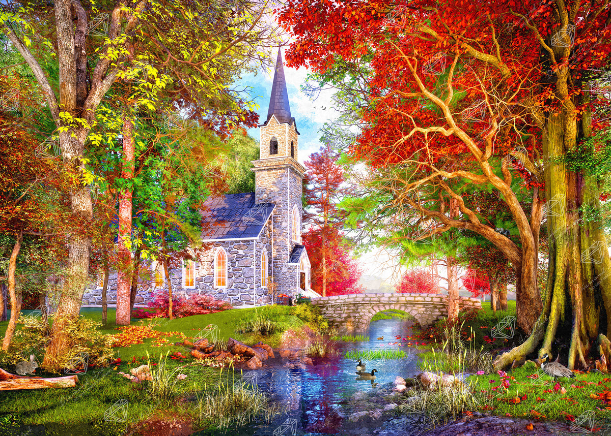 Diamond Painting Autumn Chapel 38.6" x 27.6" (97.8cm x 69.9cm) / Square with 92 Colors including 3 ABs and 4 Fairy Dust Diamonds / 110,433
